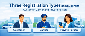Três tipos de registo de conta na ExusTrans para melhor experiência do utilizador e organização do marketplace de transporte